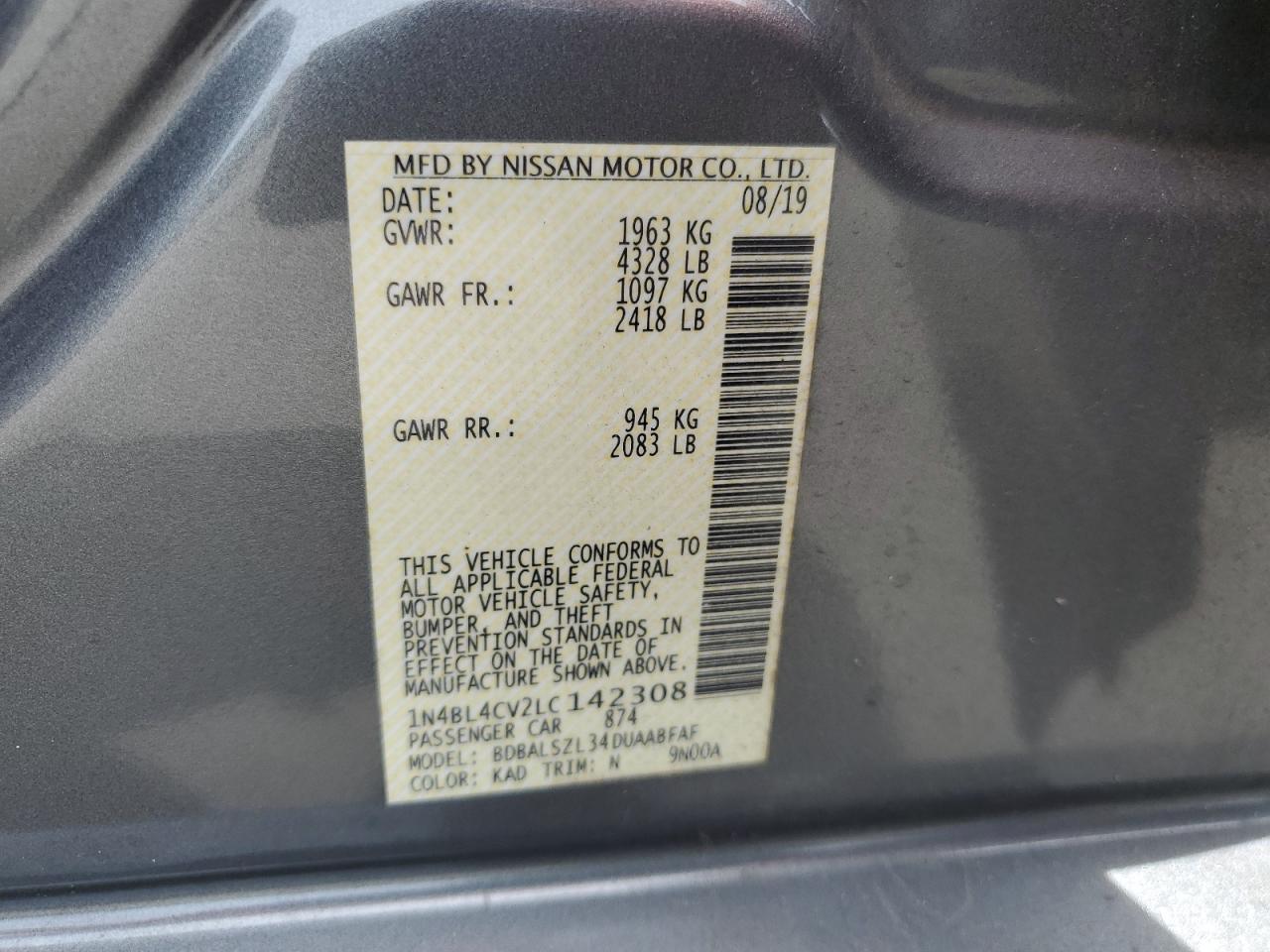 2020 Nissan Altima Sr VIN: 1N4BL4CV2LC142308 Lot: 65282415