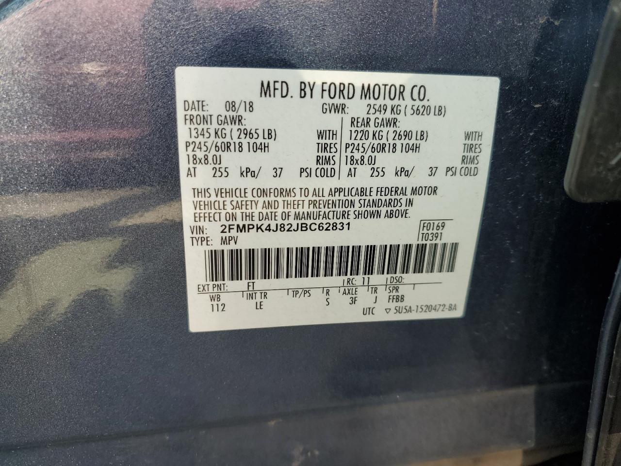 2018 Ford Edge Sel VIN: 2FMPK4J82JBC62831 Lot: 66370665