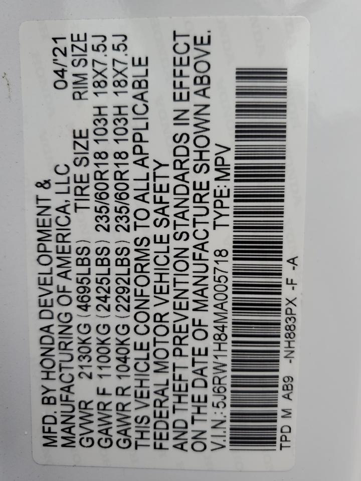 2021 Honda Cr-V Exl VIN: 5J6RW1H84MA005718 Lot: 64569625