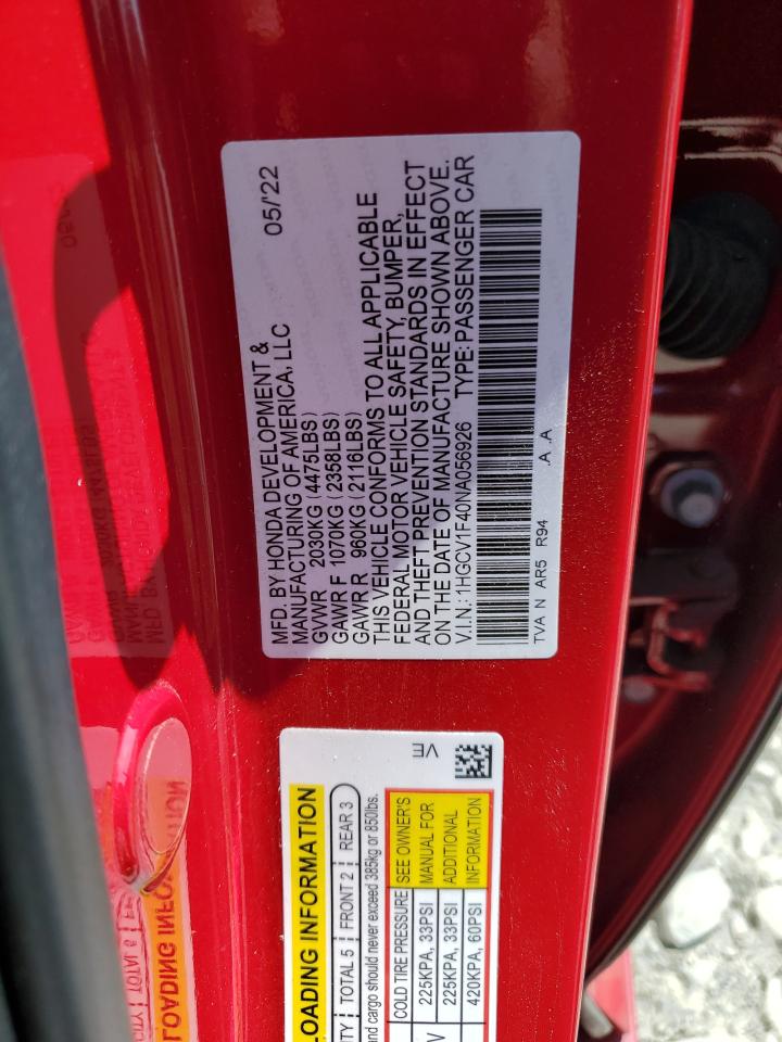 2022 Honda Accord Sport Se VIN: 1HGCV1F40NA056926 Lot: 62862075