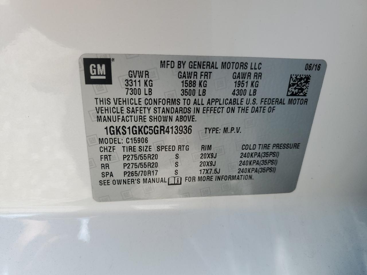 2016 GMC Yukon Xl C1500 Slt VIN: 1GKS1GKC5GR413936 Lot: 64162475
