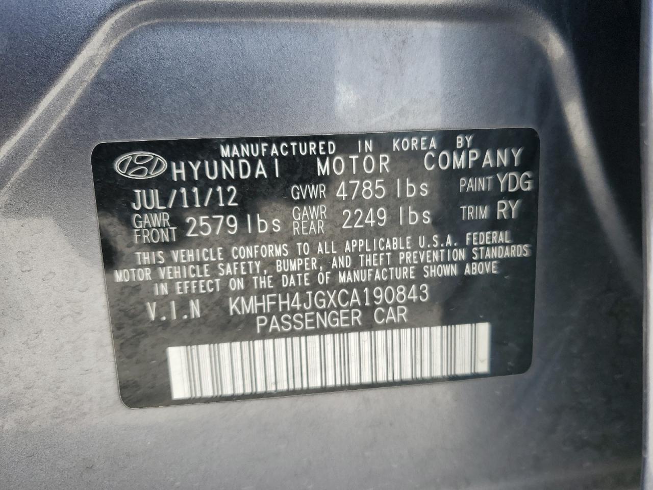2012 Hyundai Azera Gls VIN: KMHFH4JGXCA190843 Lot: 66487705