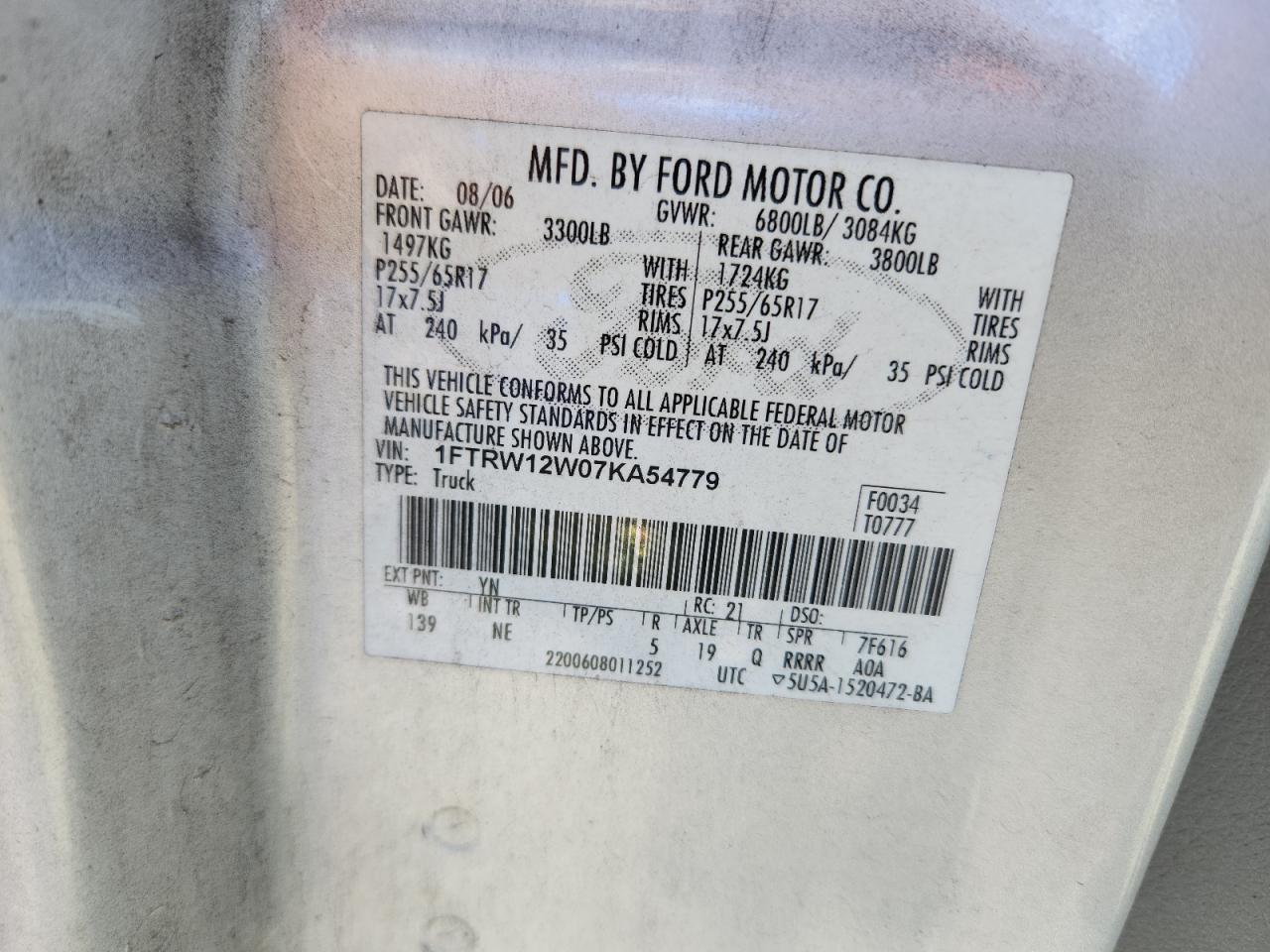 2007 Ford F150 Supercrew VIN: 1FTRW12W07KA54779 Lot: 64804035