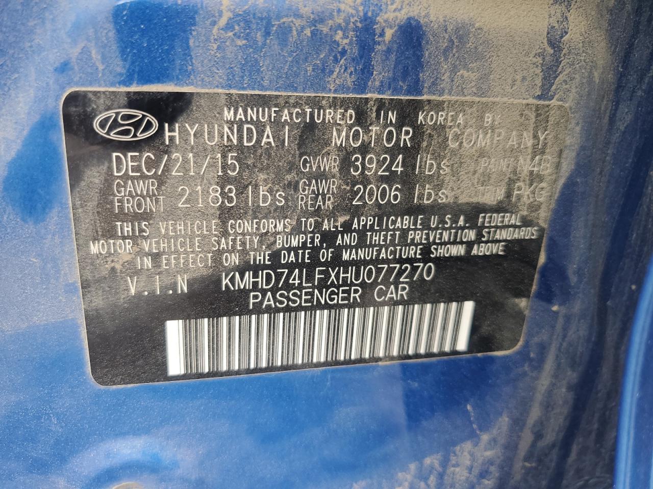 2017 Hyundai Elantra Se VIN: KMHD74LFXHU077270 Lot: 64363665