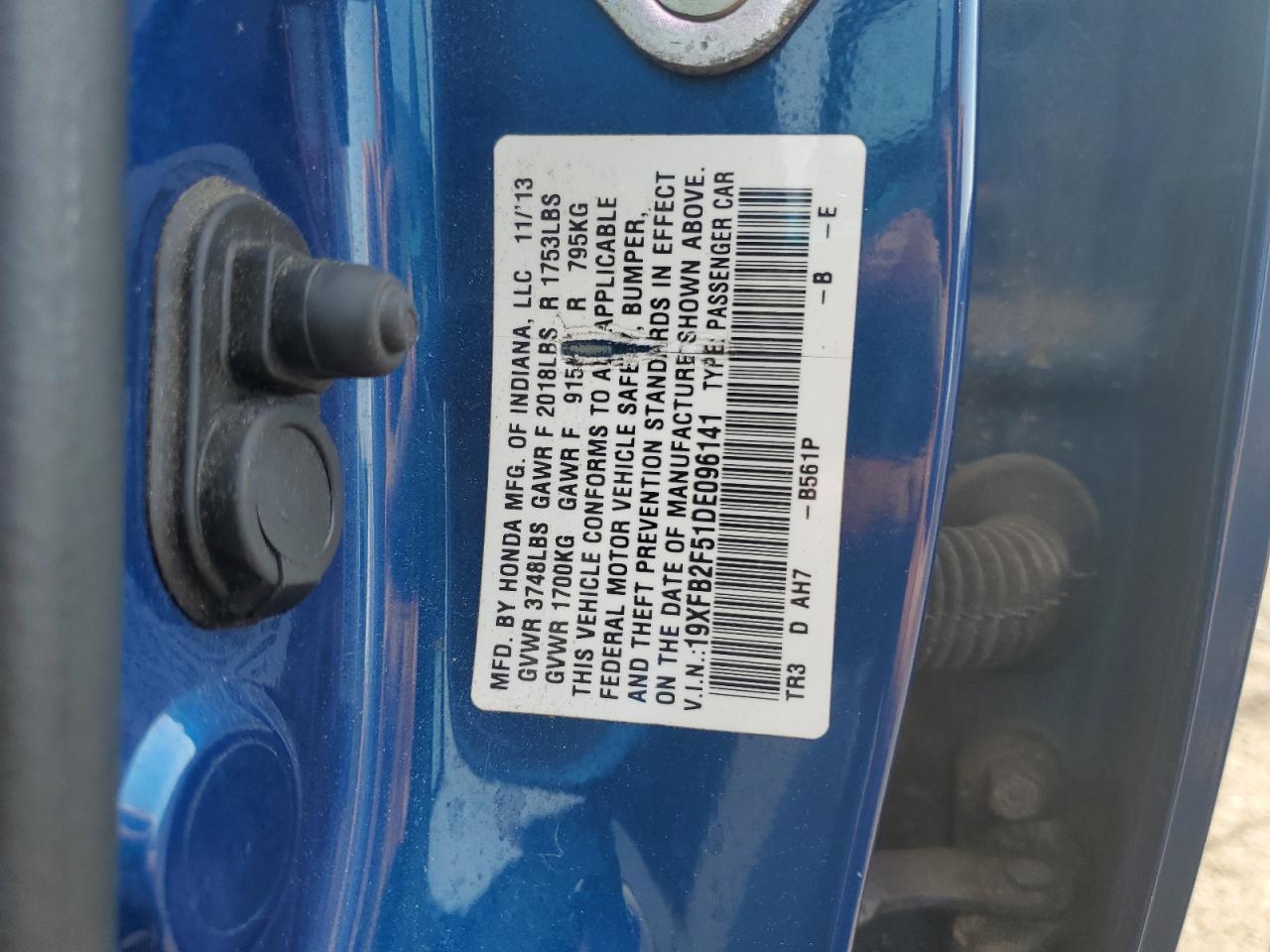 2013 Honda Civic Lx VIN: 19XFB2F51DE096141 Lot: 66685695