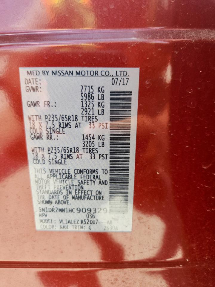 2017 Nissan Pathfinder S VIN: 5N1DR2MN1HC909329 Lot: 63997695