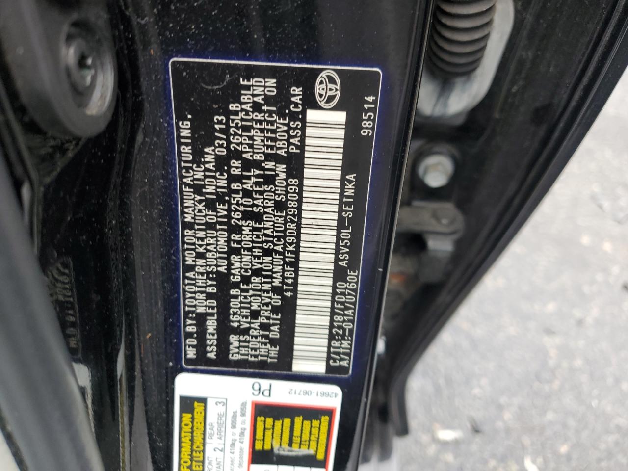 2013 Toyota Camry L VIN: 4T4BF1FK9DR298098 Lot: 64187275