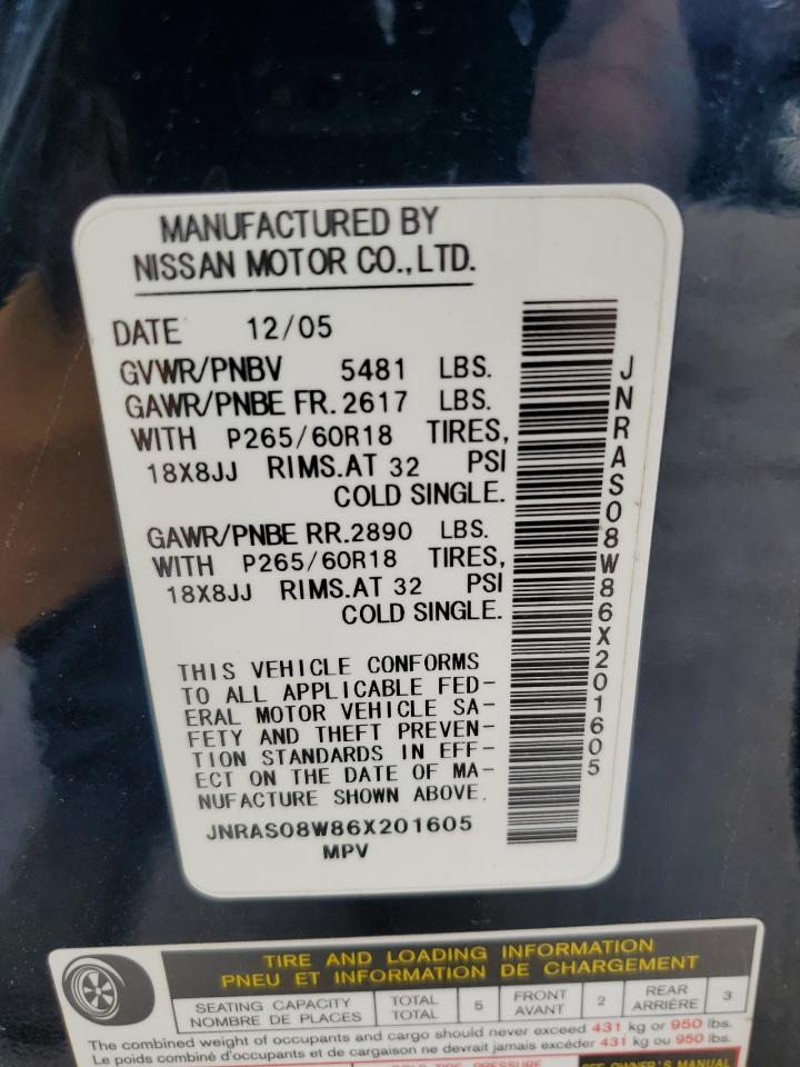 2006 Infiniti Fx35 VIN: JNRAS08W86X201605 Lot: 61892575