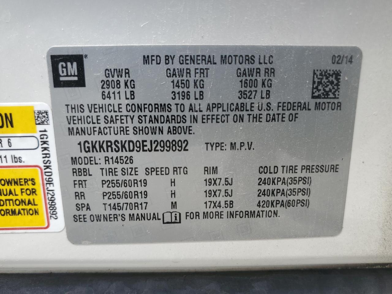 2014 GMC Acadia Slt-2 VIN: 1GKKRSKD9EJ299892 Lot: 64800855