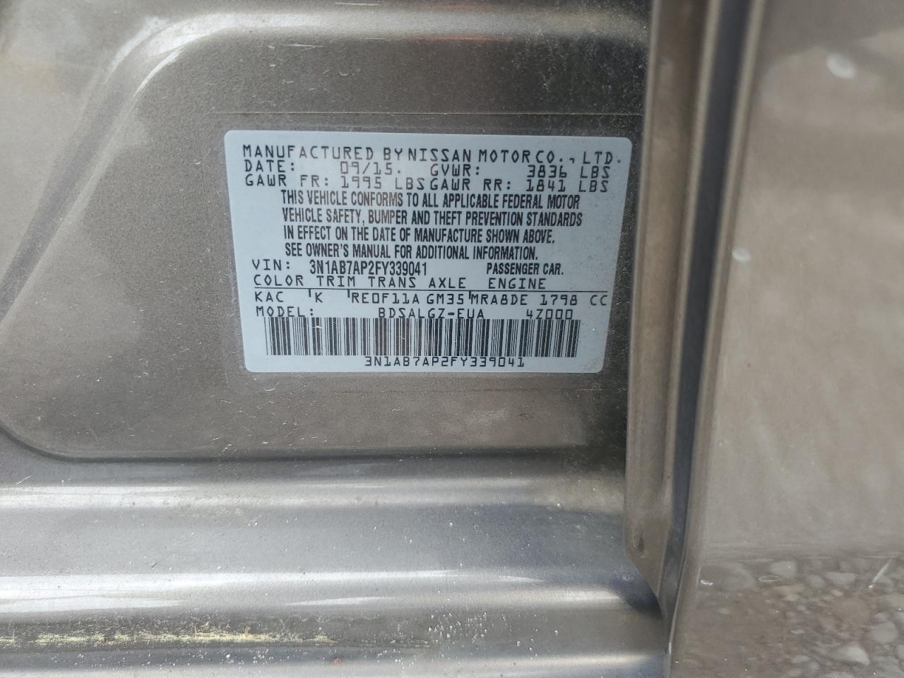 2015 Nissan Sentra S VIN: 3N1AB7AP2FY339041 Lot: 63010915