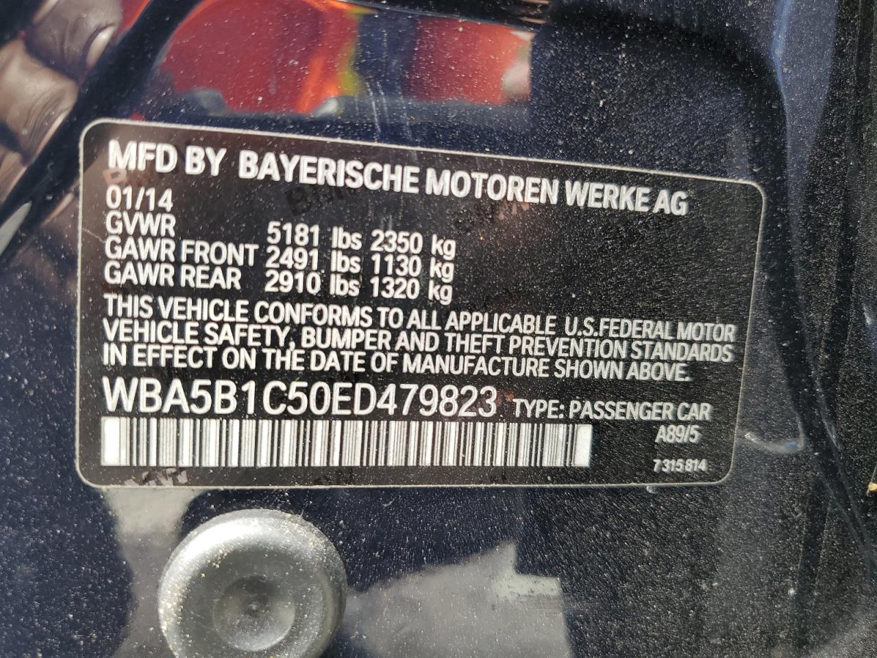2014 BMW 535 I VIN: WBA5B1C50ED479823 Lot: 64317325