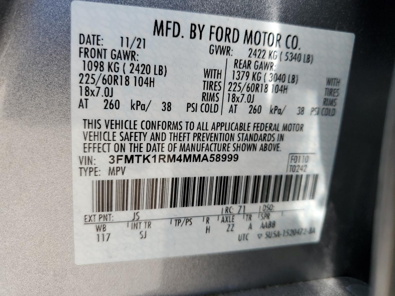 2021 Ford Mustang Mach-E Select VIN: 3FMTK1RM4MMA58999 Lot: 64988935