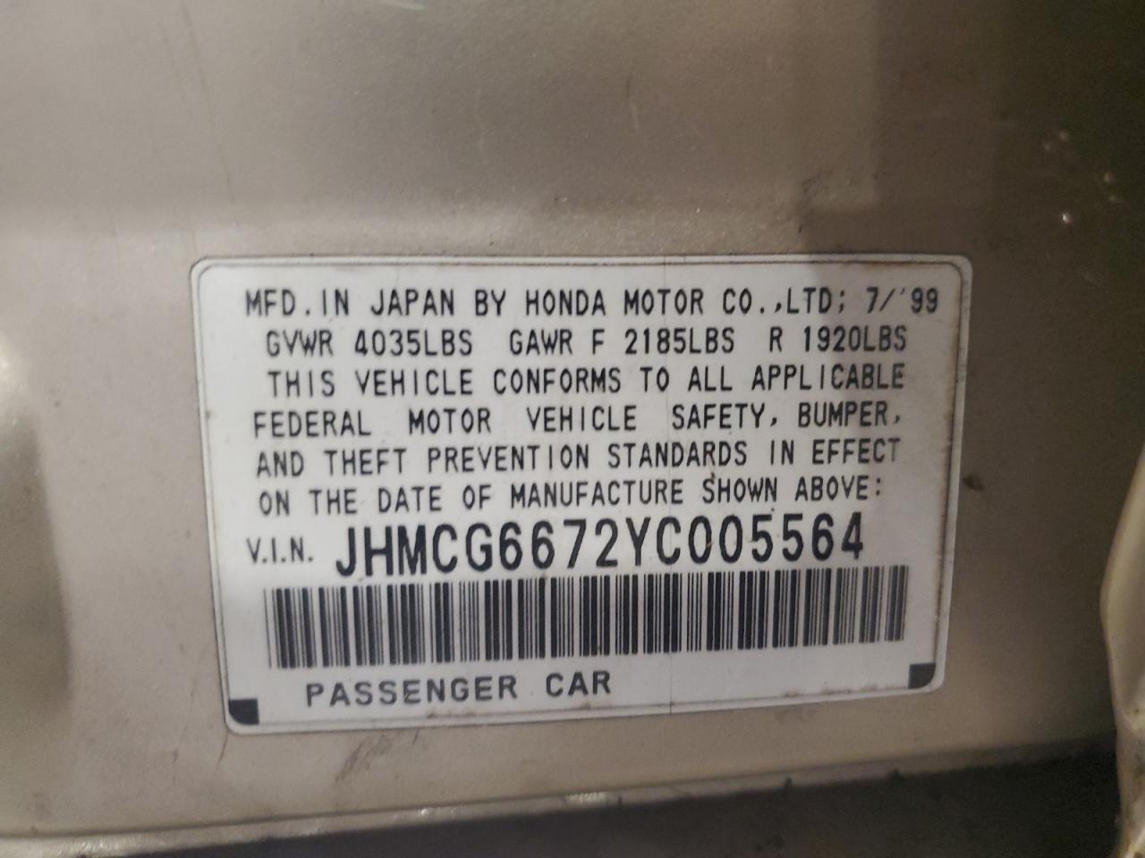 2000 Honda Accord Ex VIN: JHMCG6672YC005564 Lot: 64805685