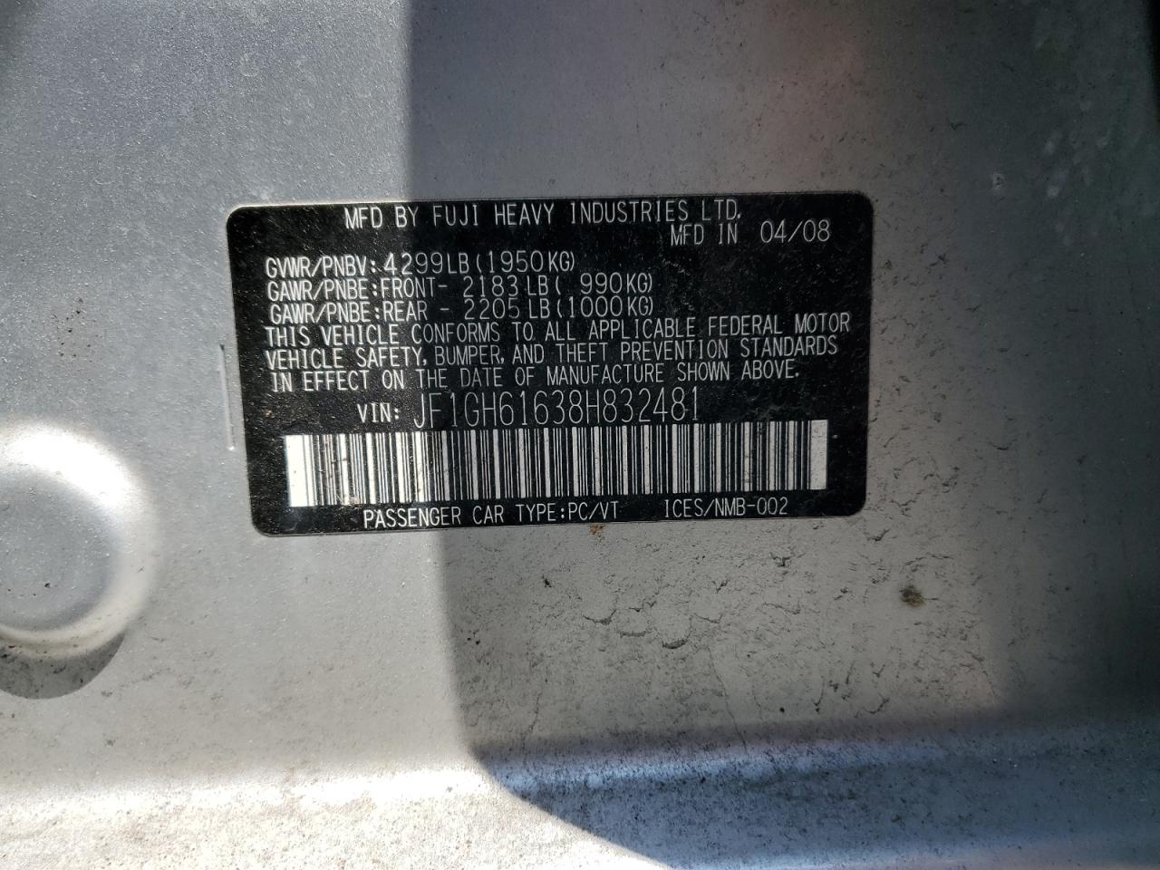 2008 Subaru Impreza 2.5I VIN: JF1GH61638H832481 Lot: 66225485