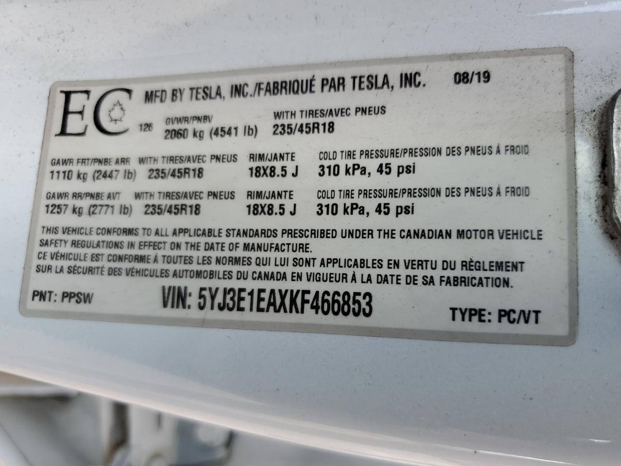 2019 Tesla Model 3 VIN: 5YJ3E1EAXKF466853 Lot: 63906065
