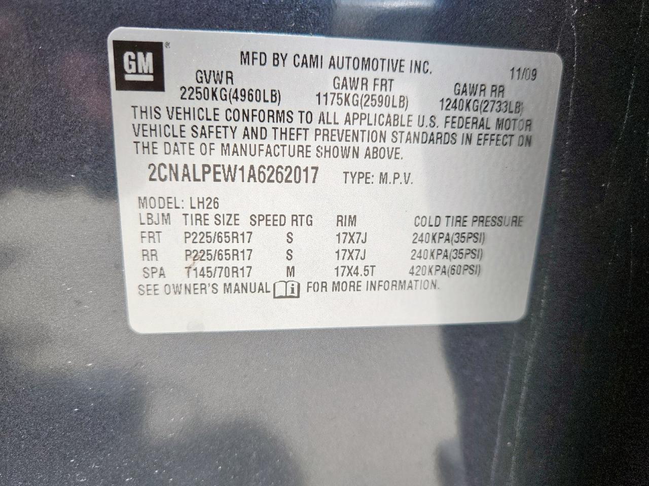 2010 Chevrolet Equinox Lt VIN: 2CNALPEW1A6262017 Lot: 62944975