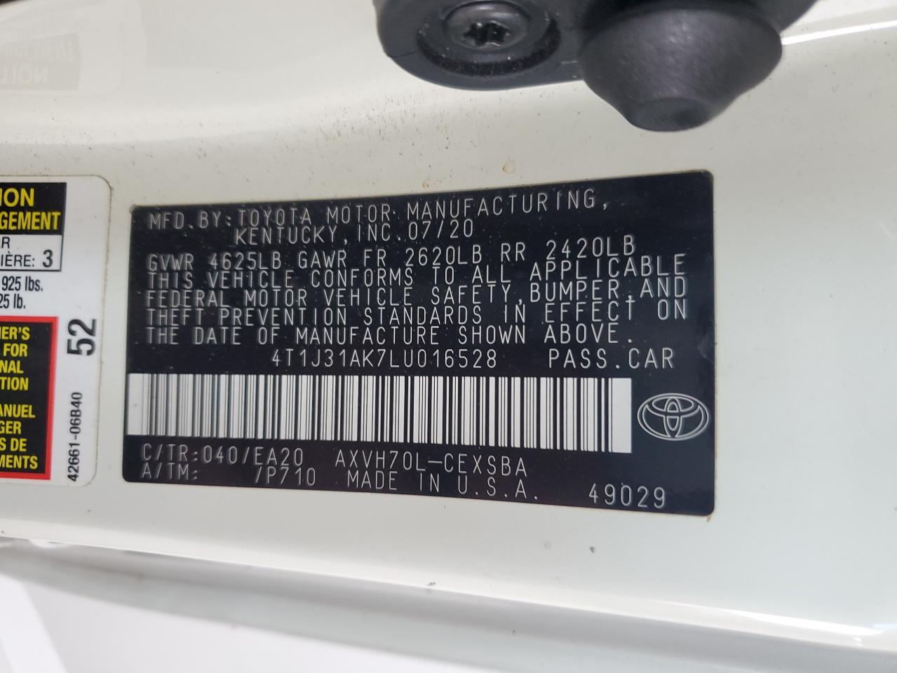 2020 Toyota Camry Se VIN: 4T1J31AK7LU016528 Lot: 63034495