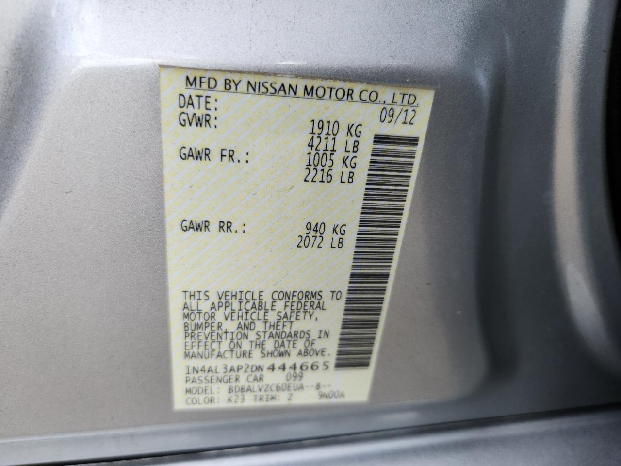 2013 Nissan Altima 2.5 VIN: 1N4AL3AP2DN444665 Lot: 65242595