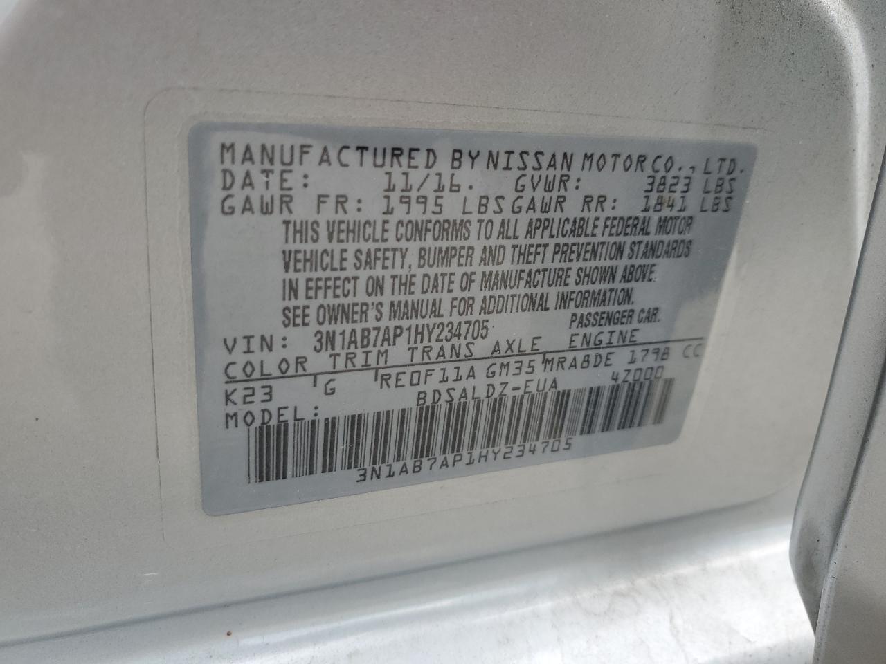 2017 Nissan Sentra S VIN: 3N1AB7AP1HY234705 Lot: 65004955