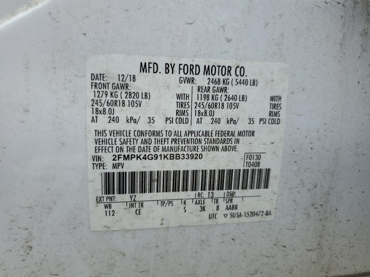 2019 Ford Edge Se VIN: 2FMPK4G91KBB33920 Lot: 64788385
