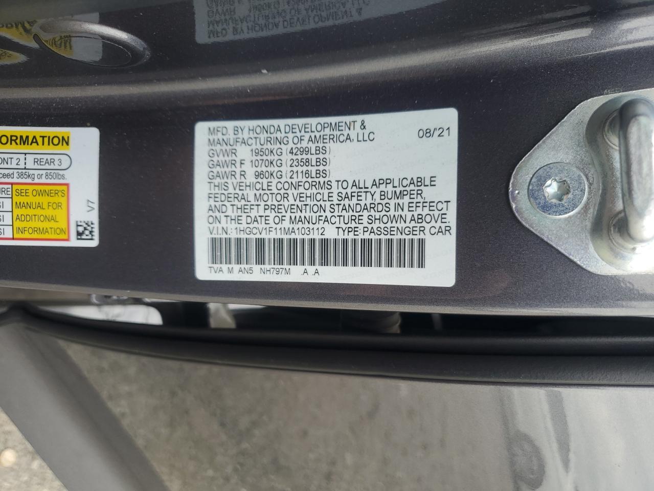 2021 Honda Accord Lx VIN: 1HGCV1F11MA103112 Lot: 64337035