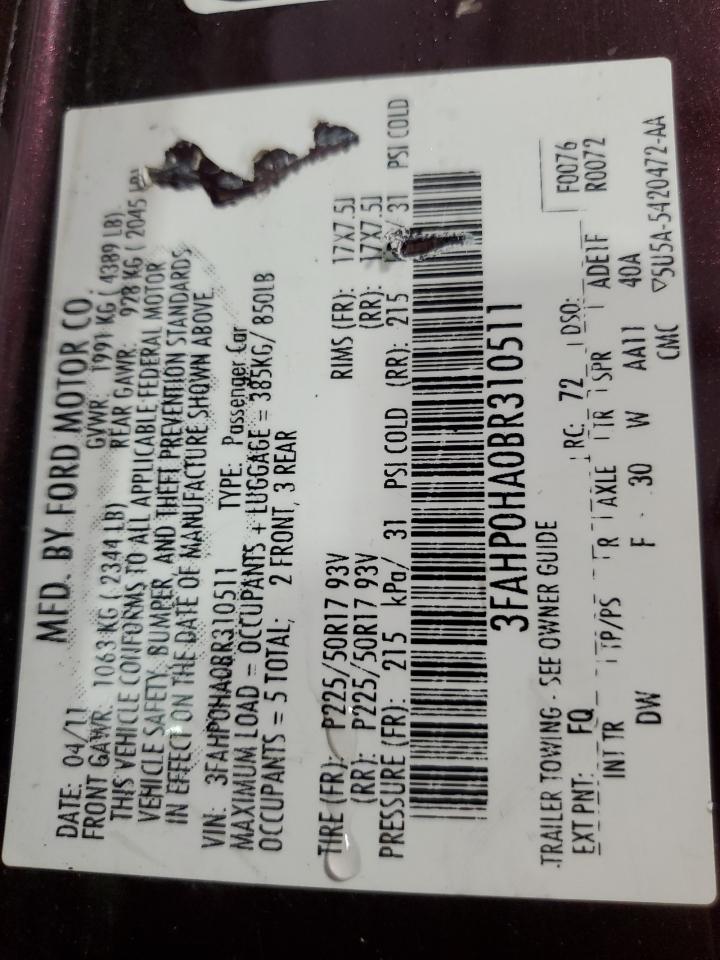 2011 Ford Fusion Se VIN: 3FAHP0HA0BR310511 Lot: 66233325