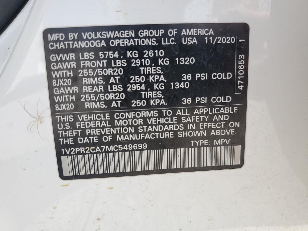 2021 Volkswagen Atlas Se VIN: 1V2PR2CA7MC549699 Lot: 64223415