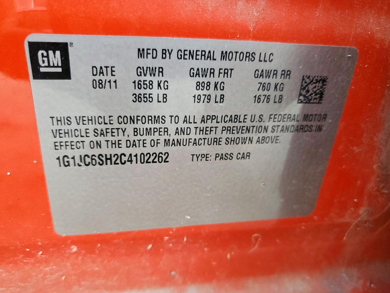 2012 Chevrolet Sonic Lt VIN: 1G1JC6SH2C4102262 Lot: 65042725