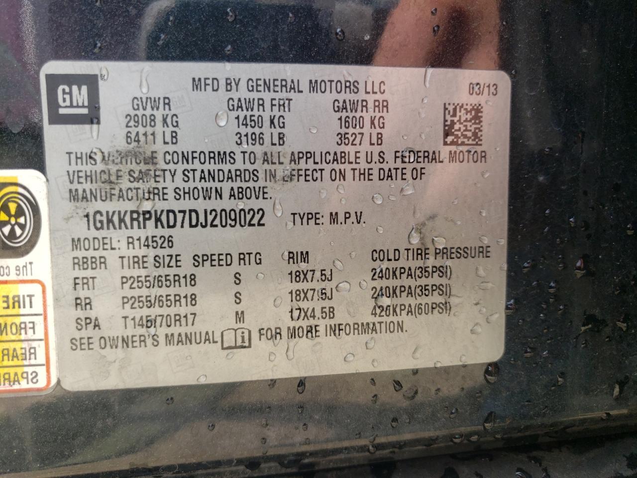 2013 GMC Acadia Sle VIN: 1GKKRPKD7DJ209022 Lot: 64431425