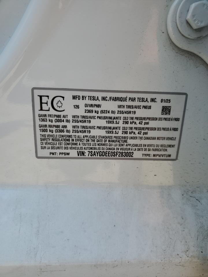 2025 Tesla Model Y VIN: 7SAYGDEE0SF283002 Lot: 62846325