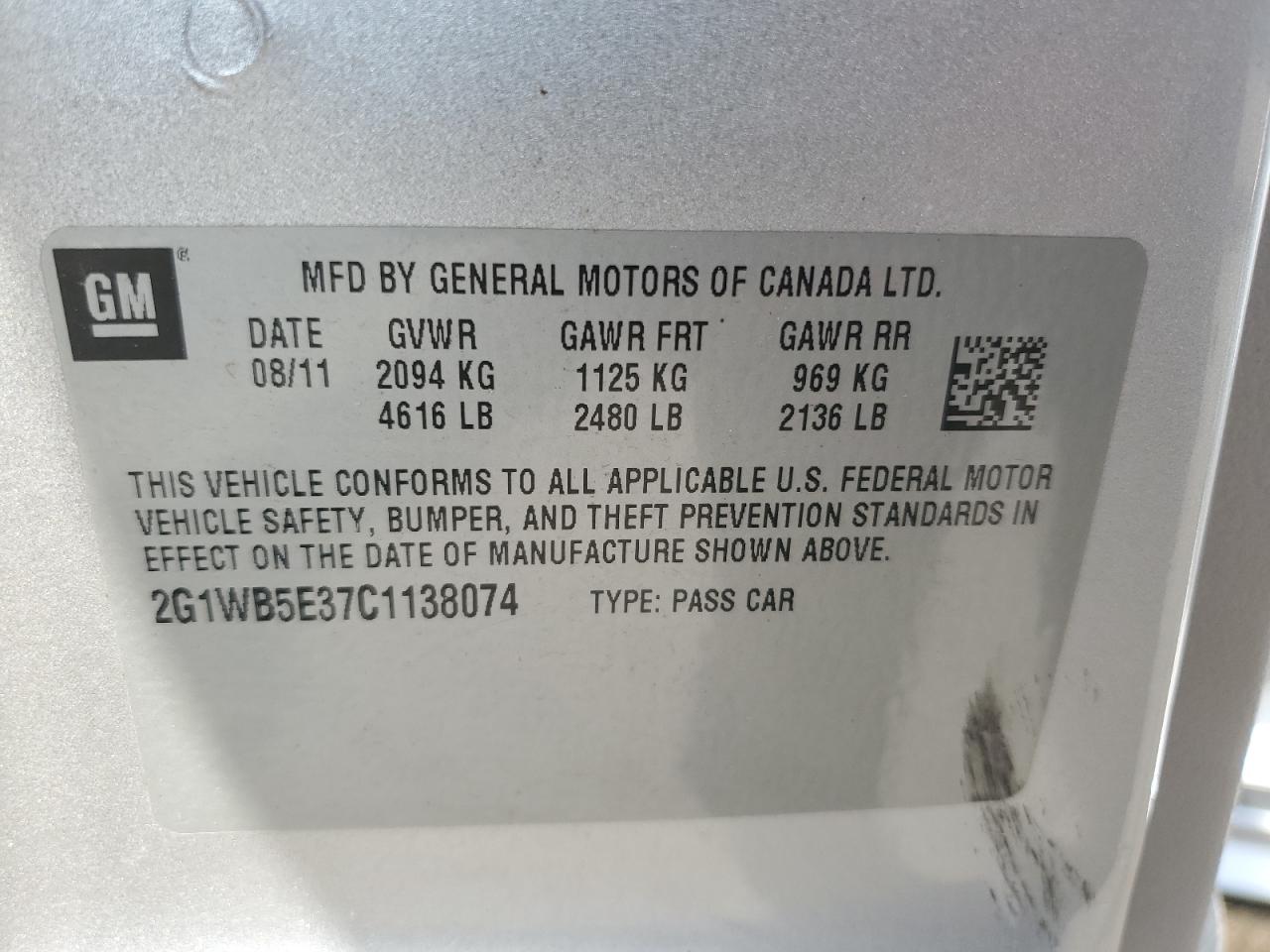 2012 Chevrolet Impala Lt VIN: 2G1WB5E37C1138074 Lot: 64776005