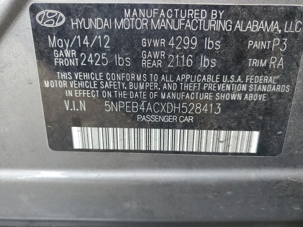 2013 Hyundai Sonata Gls VIN: 5NPEB4ACXDH528413 Lot: 64890965