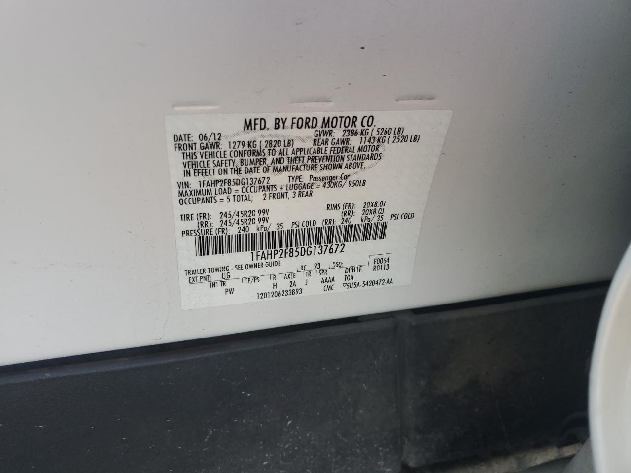 2013 Ford Taurus Limited VIN: 1FAHP2F85DG137672 Lot: 64028235
