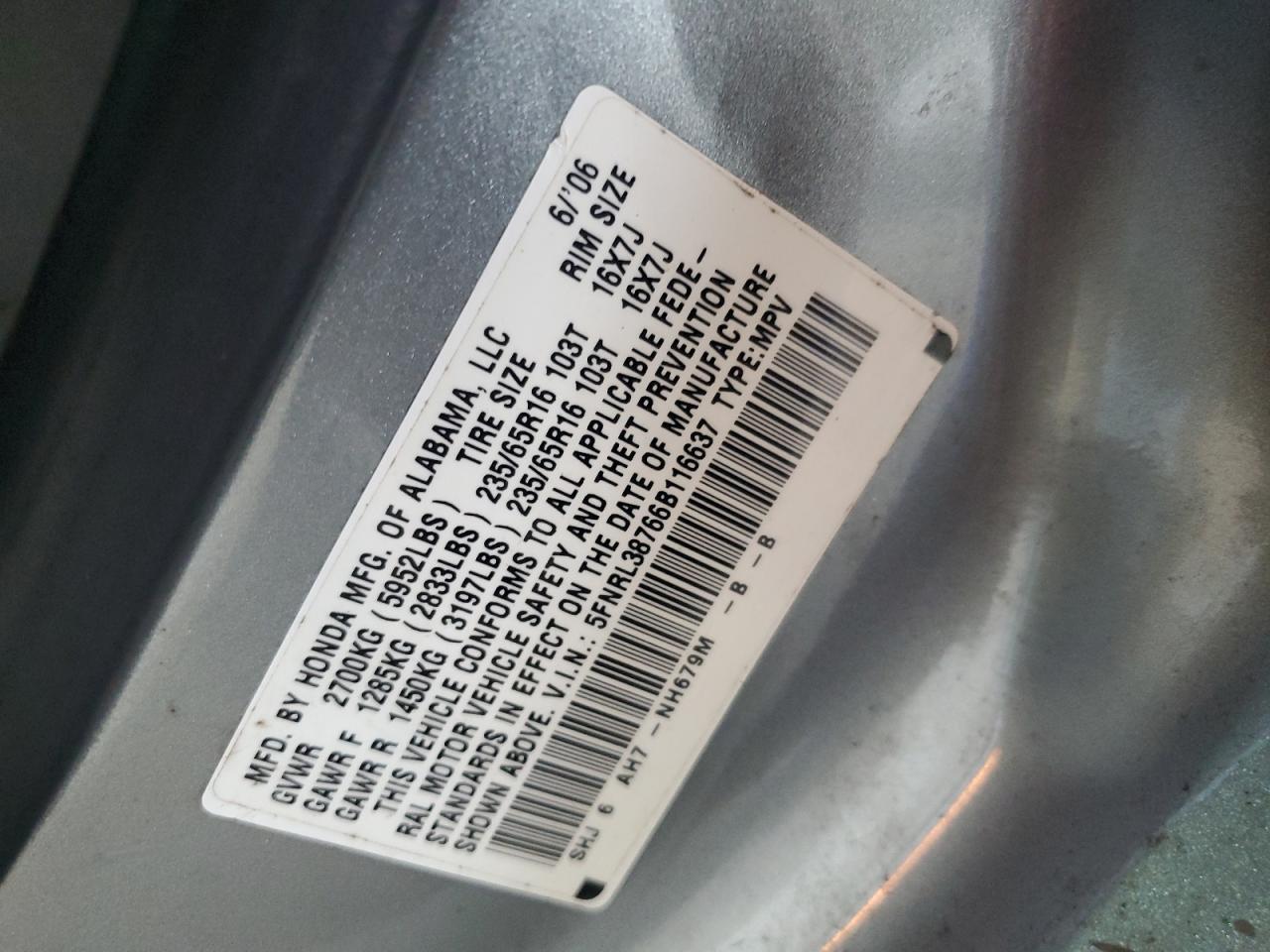 2006 Honda Odyssey Exl VIN: 5FNRL38766B116637 Lot: 63475865