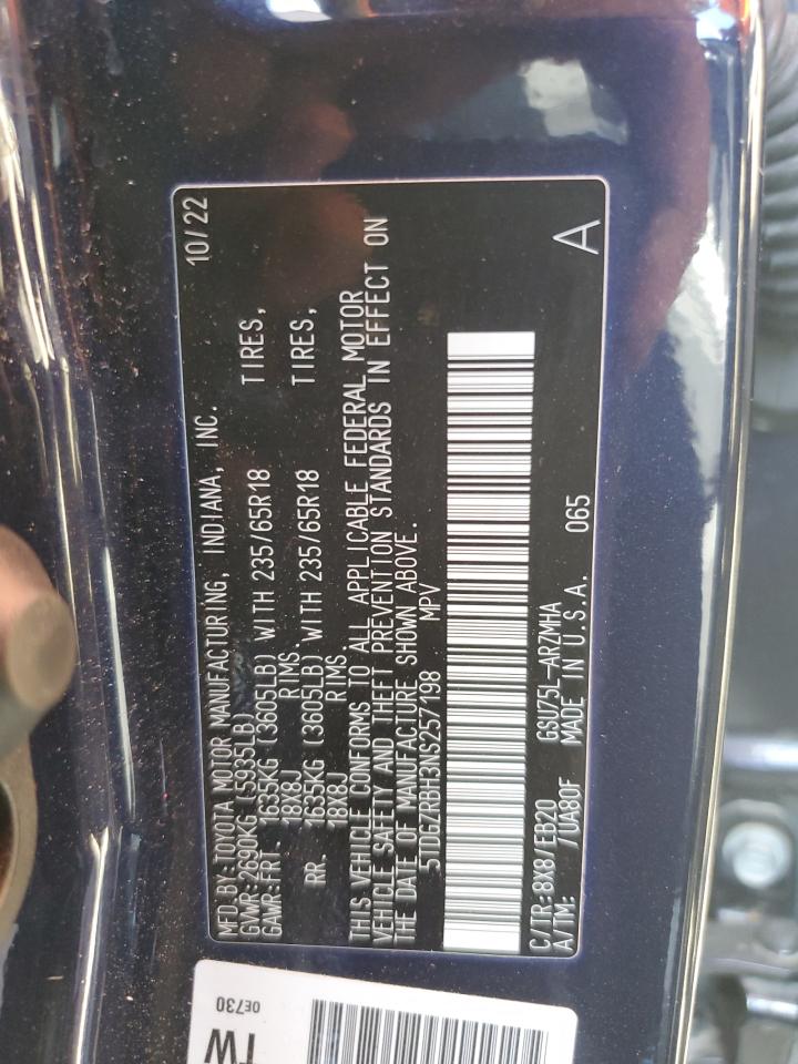 2022 Toyota Highlander Xle VIN: 5TDGZRBH3NS257198 Lot: 65253695