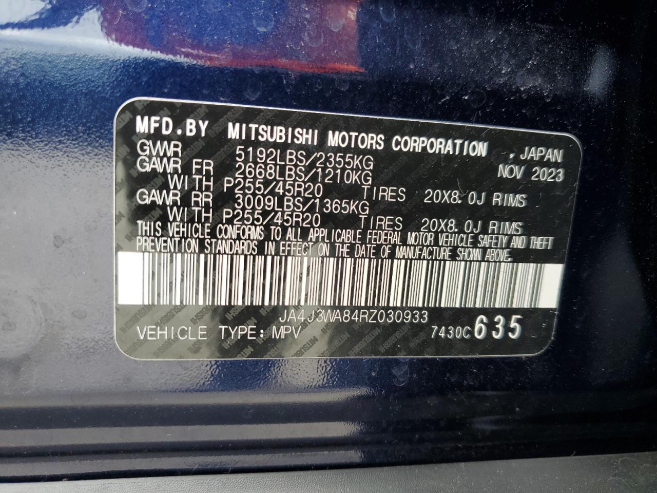 2024 Mitsubishi Outlander Sel VIN: JA4J3WA84RZ030933 Lot: 64614085