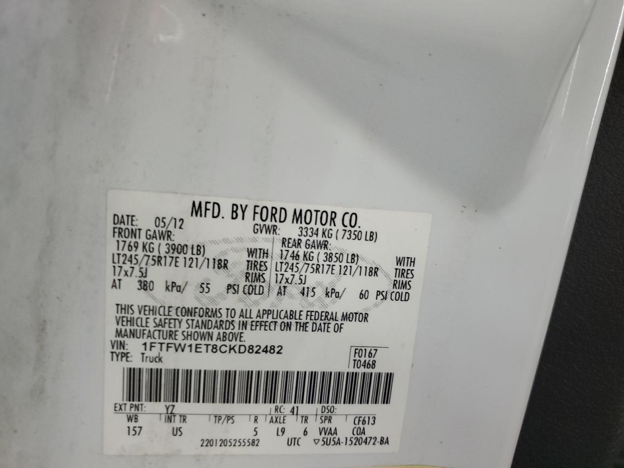 2012 Ford F150 Supercrew VIN: 1FTFW1ET8CKD82482 Lot: 65172645