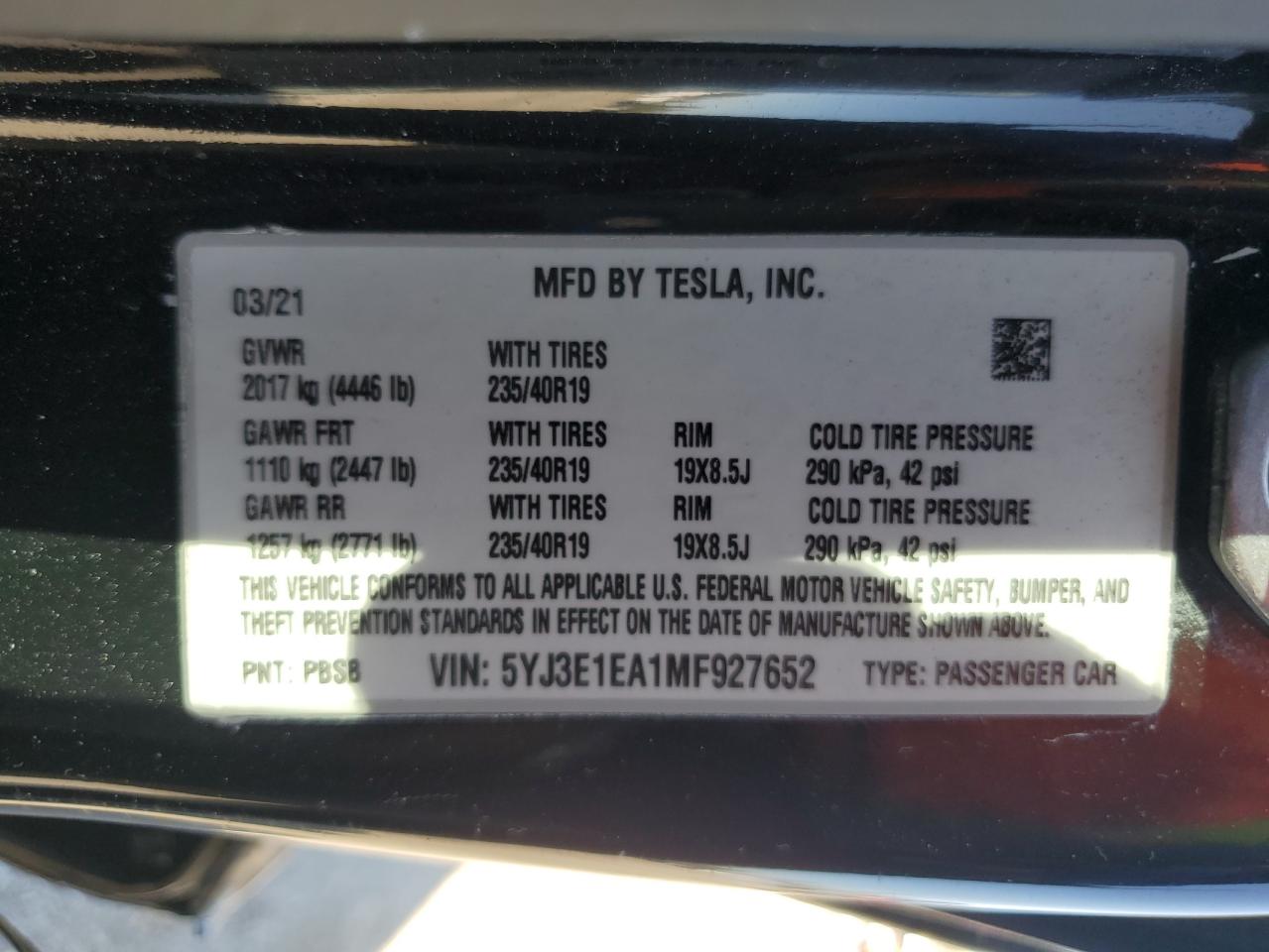 2021 Tesla Model 3 VIN: 5YJ3E1EA1MF927652 Lot: 65959115