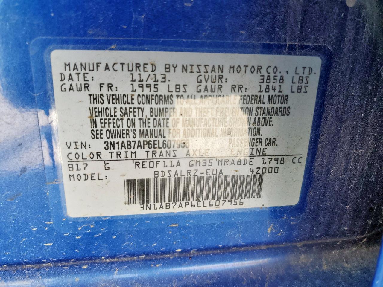 2014 Nissan Sentra S VIN: 3N1AB7AP6EL607956 Lot: 64509695