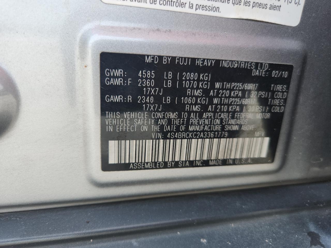 2010 Subaru Outback 2.5I Limited VIN: 4S4BRCKC2A3361779 Lot: 64068135