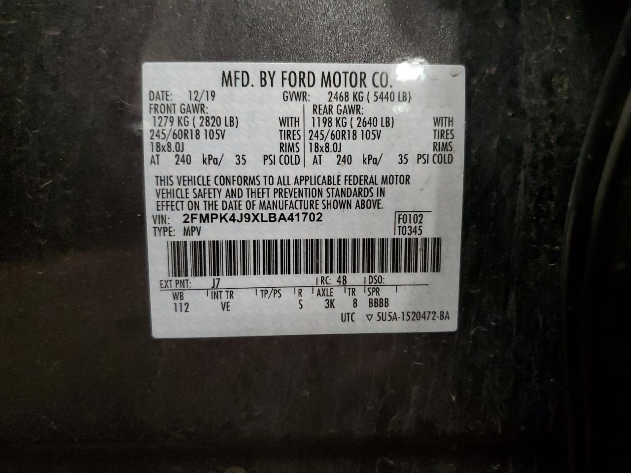 2020 Ford Edge Sel VIN: 2FMPK4J9XLBA41702 Lot: 64779675