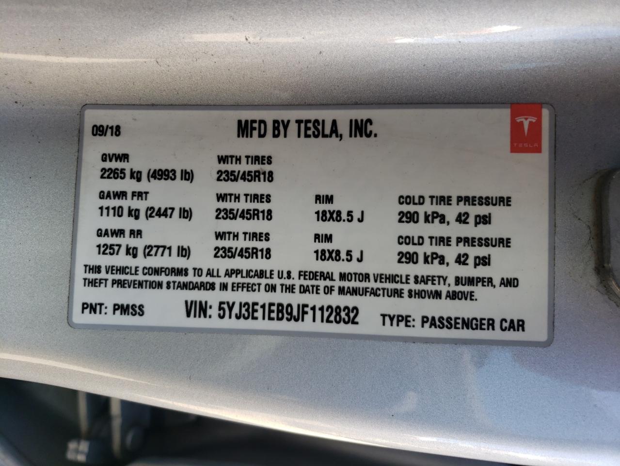 2018 Tesla Model 3 VIN: 5YJ3E1EB9JF112832 Lot: 64671225