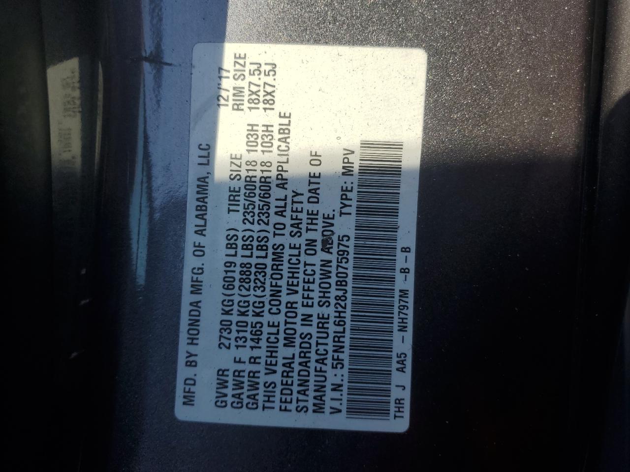 2018 Honda Odyssey Lx VIN: 5FNRL6H28JB075975 Lot: 65551535