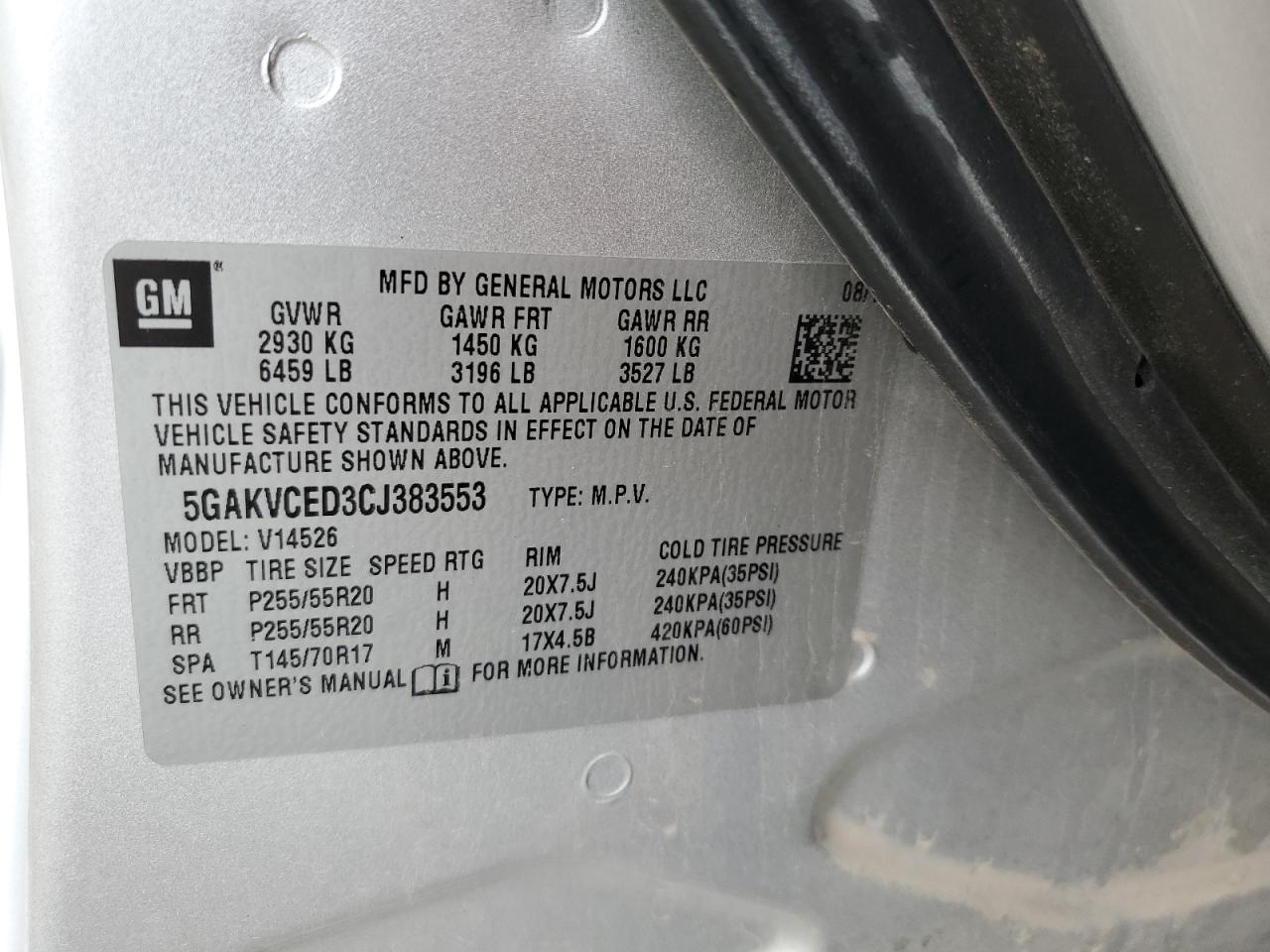 2012 Buick Enclave VIN: 5GAKVCED3CJ383553 Lot: 64858195