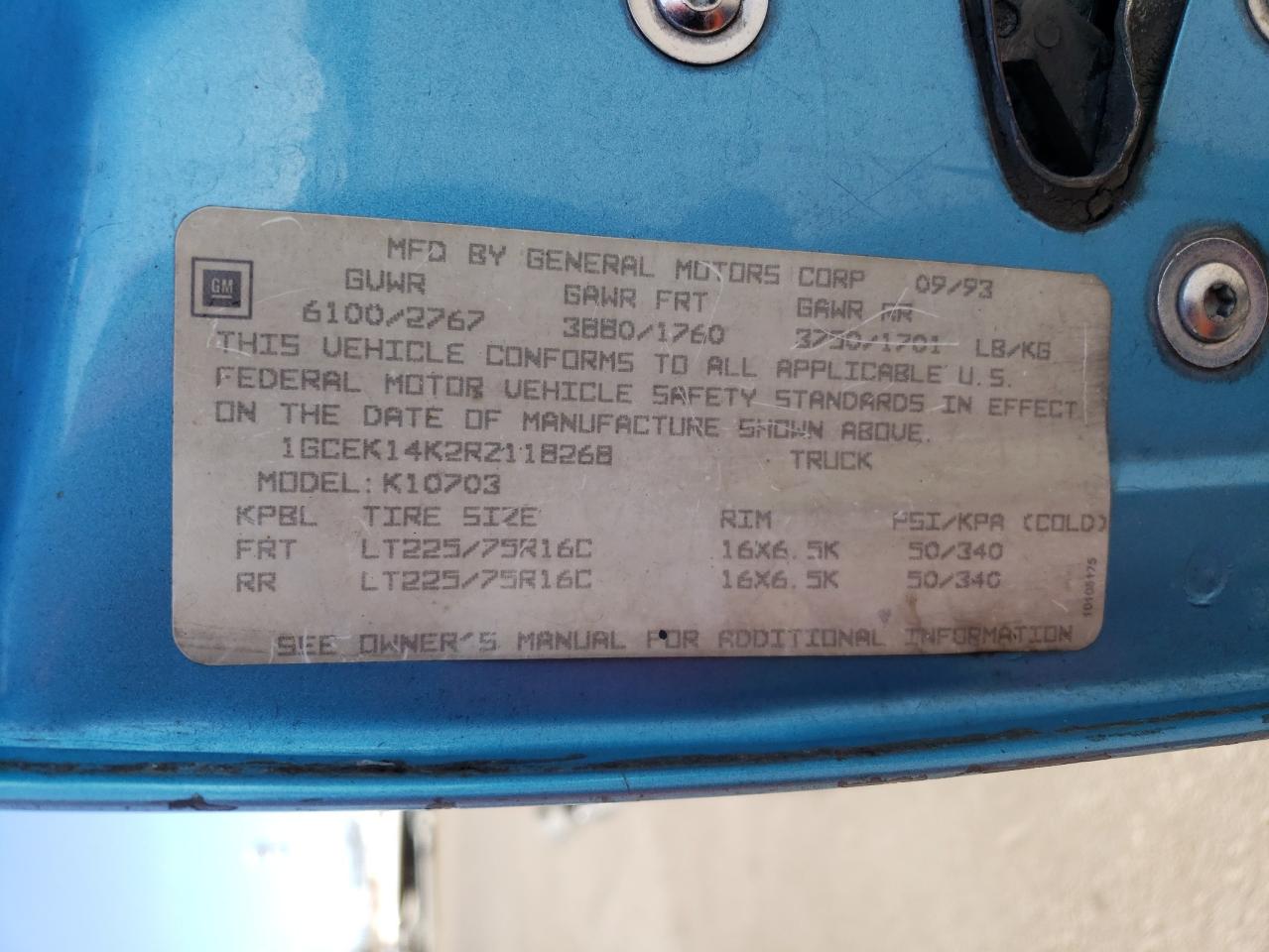 1994 Chevrolet Gmt-400 K1500 VIN: 1GCEK14K2RZ118268 Lot: 66507315