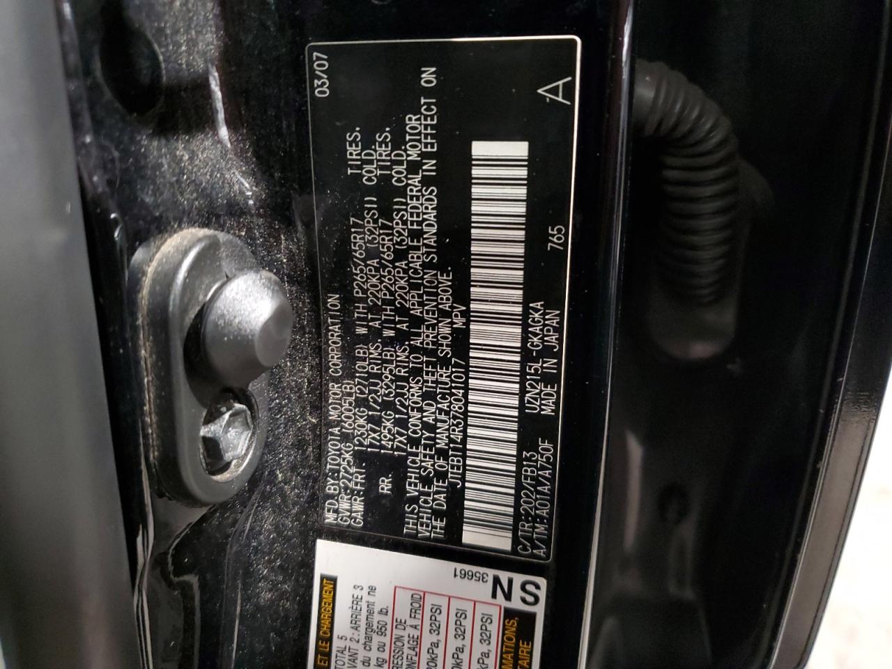 2007 Toyota 4Runner Sr5 VIN: JTEBT14R378041017 Lot: 65174995
