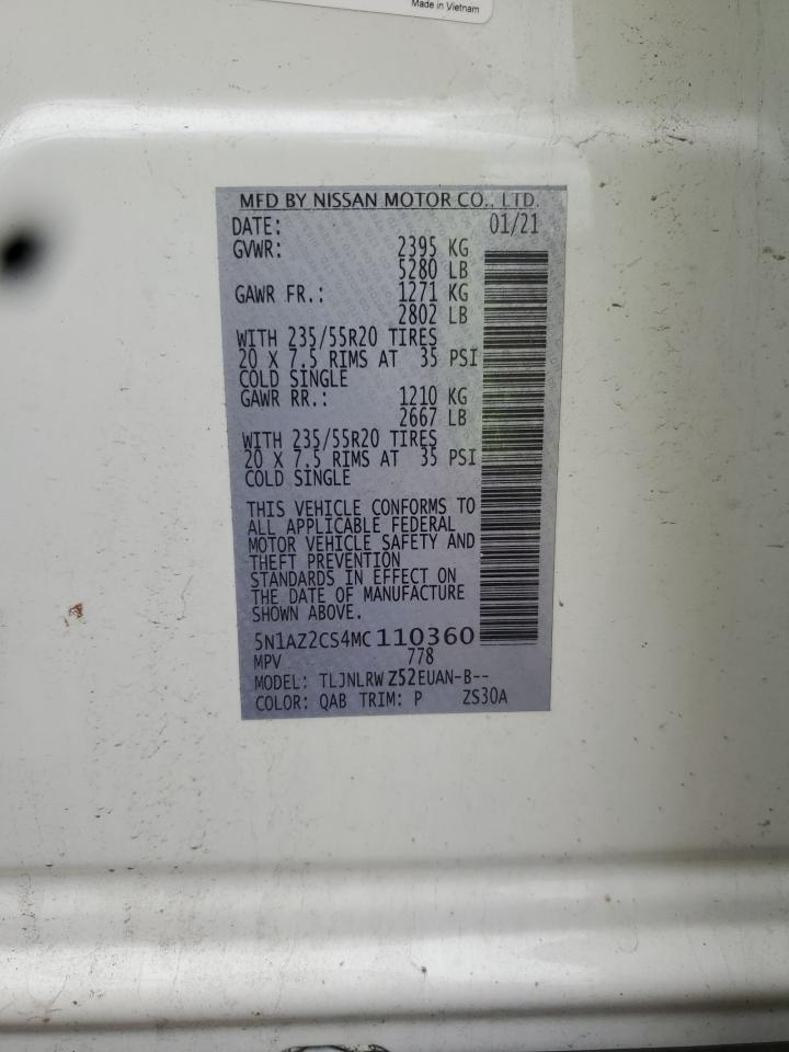 2021 Nissan Murano Sl VIN: 5N1AZ2CS4MC110360 Lot: 65220805