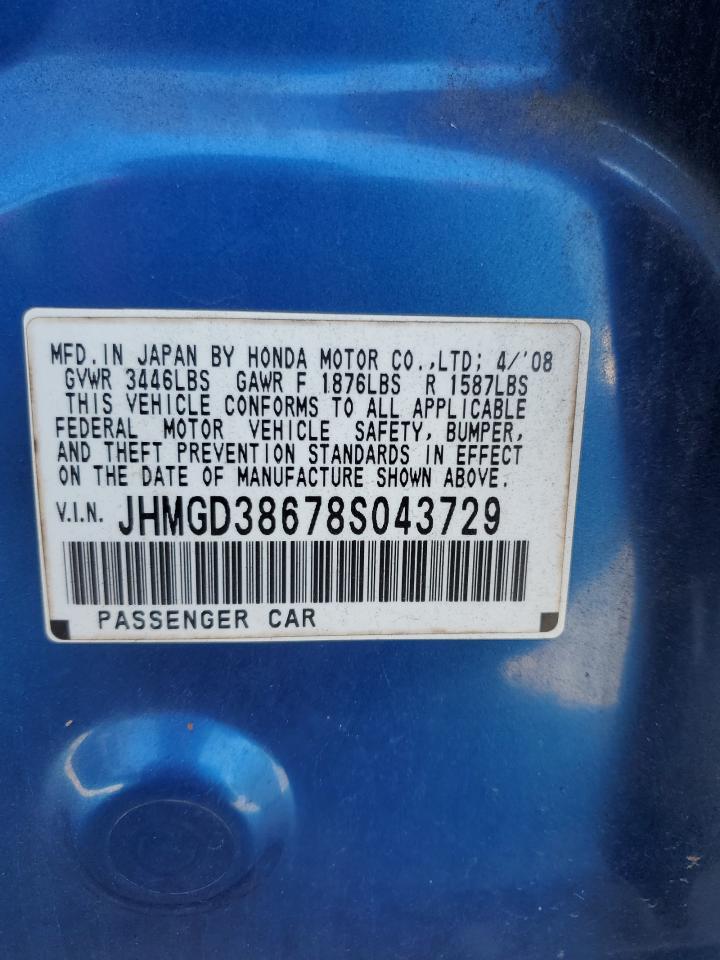 2008 Honda Fit Sport VIN: JHMGD38678S043729 Lot: 86610745