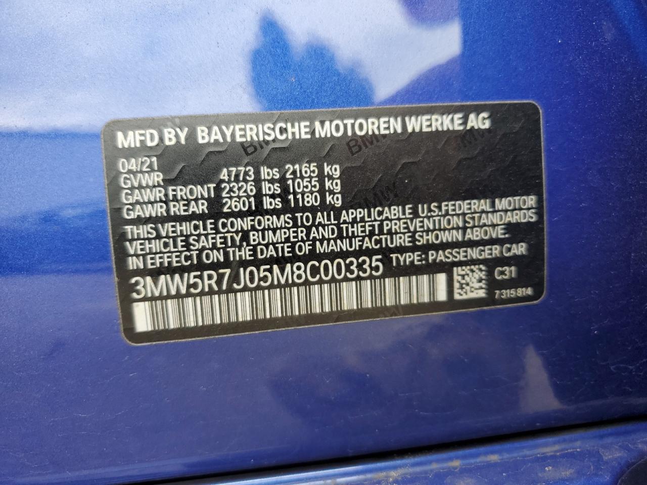 2021 BMW 330Xi VIN: 3MW5R7J05M8C00335 Lot: 64055045