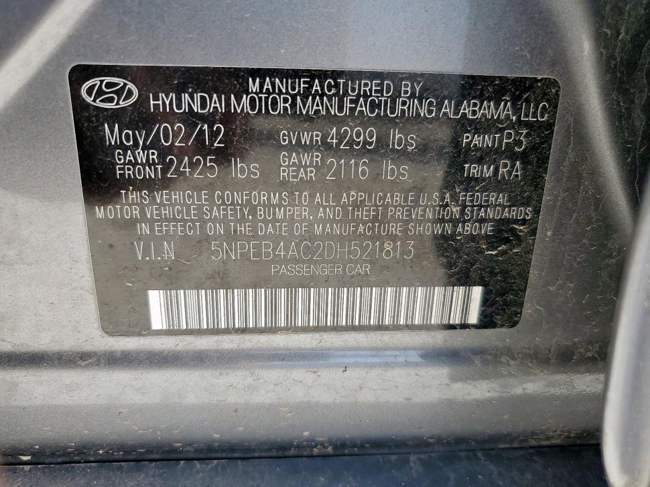 2013 Hyundai Sonata Gls VIN: 5NPEB4AC2DH521813 Lot: 65538115